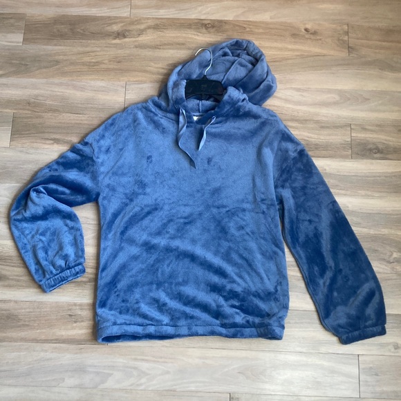 3/$45 LC Lauren Conrad Blue woobie hoodie soft comfy faux fur casual boho top M - Picture 7 of 17
